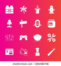 Premium set with fill vector icons. Such as way, chief, nature, summer, food, protective, cleaner, white, tropical, safety, fork, hydrant, industrial, leaf, restaurant, hanger, fire, spoon, dinner