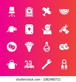 Premium set with fill vector icons. Such as hammer, pool, cookie, food, clinic, dentistry, chair, decoration, floral, aircraft, travel, wrench, spanner, watermelon, training, caffeine, water, dentist