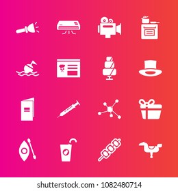 Premium set with fill vector icons. Such as celebration, present, barbecue, shine, book, flashlight, atom, river, conditioning, camera, paper, activity, kebab, grilled, fresh, horse, gift, light, food