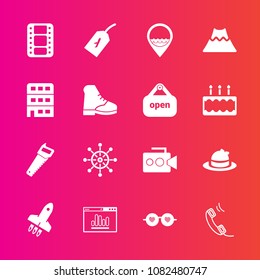 Premium set with fill vector icons. Such as rudder, landscape, fashion, helm, launch, saw, boot, website, location, analytics, film, tag, wheel, nautical, equipment, style, volcano, lava, ship, camera