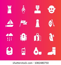 Premium set with fill vector icons. Such as toy, telephone, infant, animal, rainy, cuisine, wet, foot, phone, penguin, children, fun, female, food, doctor, travel, party, water, fashion, white, mobile