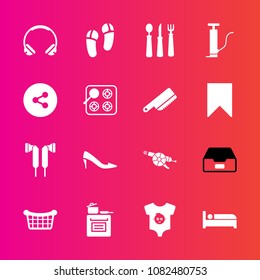Premium set with fill vector icons. Such as shoe, technology, oven, female, audio, kid, business, hotel, footwear, data, sign, clothes, pump, basket, fork, knife, military, folder, war, button, weapon