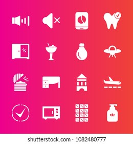Premium set with fill vector icons. Such as health, alcohol, check, plane, mobile, soap, white, hygiene, clean, work, sound, food, cabinet, dentist, microwave, interior, table, chocolate, bottle, home