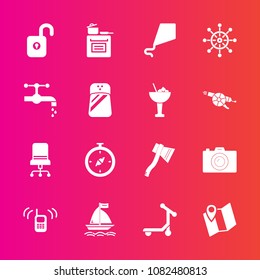 Premium set with fill vector icons. Such as modern, kite, furniture, travel, fun, vehicle, communication, ringing, photo, photography, pin, wheel, technology, oven, sky, chair, north, photographer