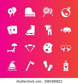Premium set with fill vector icons. Such as health, candy, hammer, musical, celebration, hygiene, piano, parachuting, brush, music, clean, beach, sport, wrench, jump, decoration, board, doughnut, tool