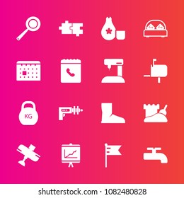 Premium set with fill vector icons. Such as america, national, plane, boot, kitchen, crane, cooking, bedroom, timetable, annual, heavy, nation, kilogram, furniture, flag, cuisine, double, water, tower