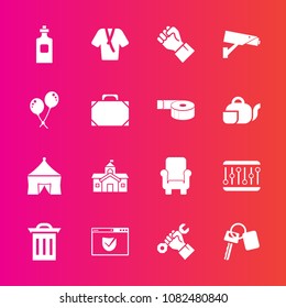 Premium set with fill vector icons. Such as security, architecture, garbage, vehicle, website, bathrobe, bottle, helmet, auto, concept, chair, web, construction, internet, key, liquid, finger, circus