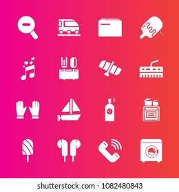 Premium set with fill vector icons. Such as spoon, call, travel, audio, space, boat, sound, van, music, spray, transport, file, note, food, paper, dessert, fruit, cream, train, sign, restaurant, glove