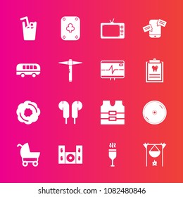 Premium set with fill vector icons. Such as protective, stroller, food, music, dessert, fireplace, bonfire, poker, glass, video, speaker, jacket, pram, wine, doughnut, carriage, campfire, safety, cake