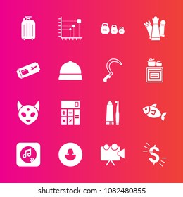 Premium set with fill vector icons. Such as accounting, human, king, note, video, ufo, usd, chess, finance, projector, monster, travel, white, health, piece, business, kilogram, game, avatar, weight