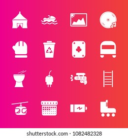 Premium set with fill vector icons. Such as image, day, album, battery, rail, game, vessel, timetable, ladder, play, sea, fun, ocean, photo, skate, music, circus, train, gun, frame, sport, technology