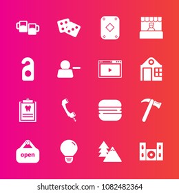 Premium set with fill vector icons. Such as food, clinic, business, home, tree, beer, sandwich, pub, success, speaker, gambling, casino, nature, wrench, landscape, spanner, dental, light, shop, forest