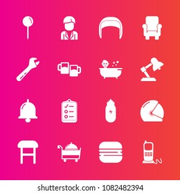 Premium set with fill vector icons. Such as hammer, mark, biker, service, map, motorcycle, belt, stationary, comfortable, equipment, cheeseburger, snack, ring, restaurant, alarm, call, list, boy, man