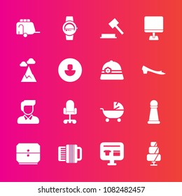 Premium set with fill vector icons. Such as man, smart, kid, doughnut, food, piece, van, computer, child, train, chess, drawer, game, vehicle, judge, accordion, law, chair, sale, strategy, cake, music