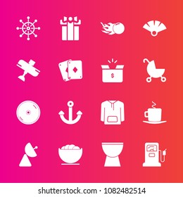 Premium set with fill vector icons. Such as gift, cafe, signal, gas, cappuccino, nautical, clothing, food, space, holiday, wheel, bowl, sensu, empty, drink, musical, japanese, disk, coffee, ship, helm