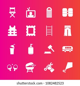 Premium set with fill vector icons. Such as technology, foreman, bbq, television, road, construction, industry, barbecue, transport, judge, cheese, speed, game, cooking, transportation, helmet, seat