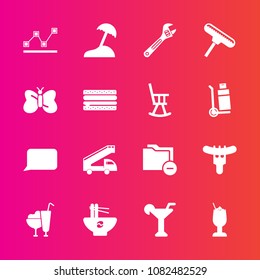 Premium set with fill vector icons. Such as business, paint, palm, sausage, hotdog, drink, bowl, beach, hammer, speech, cream, noodle, travel, sea, stats, brush, data, tool, roller, file, spanner, bar