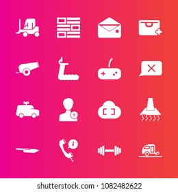 Premium set with fill vector icons. Such as car, hood, member, person, bag, fitness, transport, cloud, account, newspaper, caravan, sport, knife, trailer, internet, center, sale, add, cannon, gun, gym