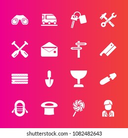 Premium set with fill vector icons. Such as equipment, male, man, snack, sandwich, van, brush, burger, makeup, canoe, ship, binocular, mascara, travel, food, glass, vehicle, train, wrench, hammer, key