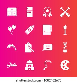 Premium set with fill vector icons. Such as award, fork, first, pot, gardening, fridge, art, smile, culture, sickle, place, tool, flight, achievement, plant, airplane, travel, chat, garden, restaurant