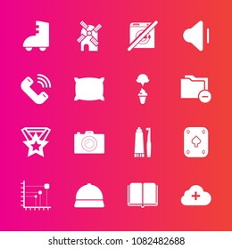 Premium set with fill vector icons. Such as education, sign, music, camera, wash, roller, sound, mill, button, skating, wind, call, audio, health, photo, business, sport, internet, technology, hygiene