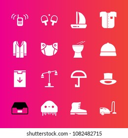 Premium set with fill vector icons. Such as data, housework, wind, style, law, domestic, boat, file, fiction, alien, fashion, white, shirt, telephone, sport, balance, justice, space, phone, ringing