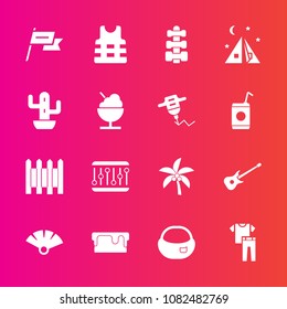 Premium set with fill vector icons. Such as cake, life, white, leaf, jacket, palm, safety, fitness, concept, tropical, pie, country, clothing, clothes, rucksack, tent, wall, nation, shirt, equipment