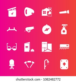 Premium set with fill vector icons. Such as poker, home, sky, shower, eyeglasses, cleaner, guitar, chair, spray, torch, night, bathroom, game, parachuting, conditioning, real, music, extreme, estate