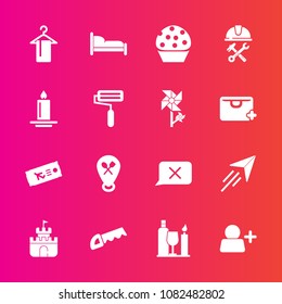 Premium set with fill vector icons. Such as plastic, flight, restaurant, plane, bed, closed, travel, location, light, work, paper, construction, food, bedroom, foreman, doughnut, airplane, saw, home