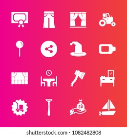 Premium set with fill vector icons. Such as axe, sack, travel, female, tractor, fashion, diploma, transportation, business, pants, home, pin, tool, toy, ship, family, cargo, package, theater, finance