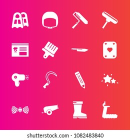 Premium set with fill vector icons. Such as gardening, menu, roll, leather, equipment, roller, nature, star, knife, pencil, gym, fashion, night, sea, poker, sport, dryer, hairdryer, brush, footwear