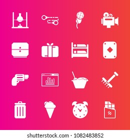 Premium set with fill vector icons. Such as bar, music, garbage, karaoke, clock, chemistry, chocolate, film, bin, mic, noodle, weapon, sweet, dessert, firearm, hour, garden, food, camera, laboratory