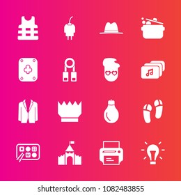 Premium set with fill vector icons. Such as business, play, presentation, hipster, idea, restaurant, print, bulb, power, castle, hat, royal, music, person, energy, queen, style, life, food, suit, game