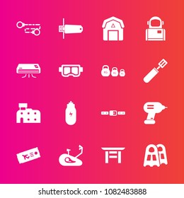 Premium set with fill vector icons. Such as barn, mask, staple, kilogram, lifestyle, fitness, summer, architecture, japan, house, natural, city, travel, bike, airplane, ticket, chain, water, memory