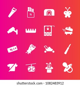 Premium set with fill vector icons. Such as transportation, pacifier, food, clothes, blossom, beautiful, bar, fire, baby, sweet, gardening, chocolate, dessert, saw, train, clothing, airplane, home