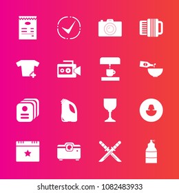 Premium set with fill vector icons. Such as menu, event, card, alcohol, paint, wine, coffee, samurai, projector, photo, identity, sign, star, weapon, machine, camera, drink, clothes, can, celebration