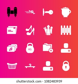 Premium set with fill vector icons. Such as paper, folder, market, teapot, white, female, technology, fashion, lock, kilogram, spaceship, file, travel, person, house, data, hanger, craft, flight, key