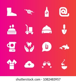 Premium set with fill vector icons. Such as dental, doughnut, sea, beverage, gun, message, kitchen, healthy, call, liquid, costume, alcohol, cooking, war, meal, dentist, spoon, asia, dinner, mail, red