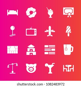 Premium set with fill vector icons. Such as furniture, dessert, law, award, achievement, news, food, home, certificate, pin, drop, sweet, internet, doughnut, theater, pig, dinner, bedroom, animal, bed