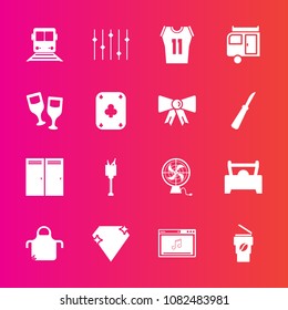 Premium Set With Fill Vector Icons. Such As Bucket, Drink, Bow, Home, Door, Fan, Trailer, Pinafore, Equality, Transportation, Entrance, Air, Apron, Game, Cook, Poker, Shirt, Cup, Kitchen, Car, Tie