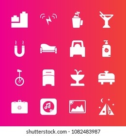 Premium set with fill vector icons. Such as equipment, art, note, frame, glass, bedroom, medical, photo, ecology, cup, travel, summer, camp, juice, magnetic, double, heater, water, sound, image, tent