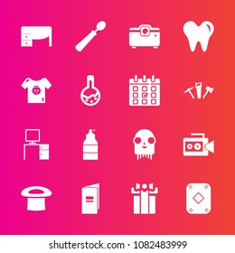 Premium set with fill vector icons. Such as health, celebration, clothing, dinner, space, holiday, present, white, hat, spoon, medicine, baby, tool, gift, desk, office, paint, play, table, handle, kid