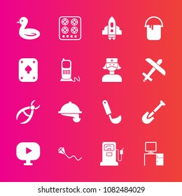 Premium set with fill vector icons. Such as fuel, spaceship, craft, gasoline, soup, oven, dentist, work, space, kite, video, kitchen, animal, fun, drill, cooking, joy, waitress, office, medical, food