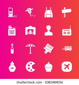 Premium set with fill vector icons. Such as speed, bus, machine, beauty, equipment, technology, palette, transport, umbrella, fashion, drawing, work, tool, food, transportation, uniform, apron, bottle