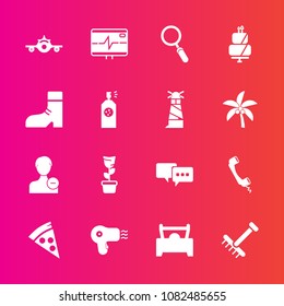 Premium set with fill vector icons. Such as departure, pie, plant, user, home, health, dessert, garden, sweet, autumn, profile, pot, food, room, account, plane, lunch, white, airplane, travel, foot