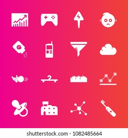 Premium set with fill vector icons. Such as bottle, pacifier, concept, architecture, atom, healthy, pin, trend, kid, care, infant, energy, molecule, sport, technology, hygiene, game, sad, city, food