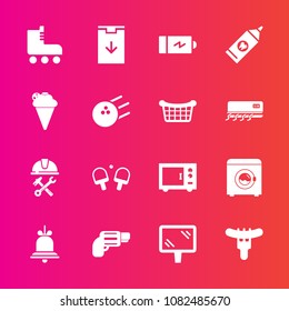 Premium set with fill vector icons. Such as road, game, food, pistol, foreman, fun, web, street, dinner, hotdog, microwave, firearm, sport, download, battery, full, alarm, sign, builder, sausage, meat