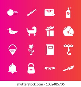 Premium set with fill vector icons. Such as background, job, happy, knife, equipment, bell, bowling, bird, spring, wildlife, ring, floral, paper, paint, , call, hook, pin, notebook, page, flag, fork