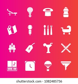 Premium set with fill vector icons. Such as tag, music, rocket, sign, map, craft, sky, watch, pin, filter, clock, katana, japanese, hat, microphone, minute, fitness, time, bottle, location, service