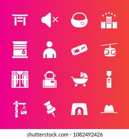 Premium set with fill vector icons. Such as stroller, cosmos, curtain, fireplace, hotel, water, hammer, construction, light, gallon, science, travel, object, mute, saw, torii, sound, backpack, japan